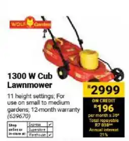 Builders Warehouse WOLF Garden 1300 W Cub Lawnmower offer