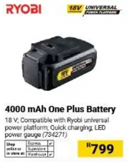 Builders Warehouse RYOBI 4000 mAh One Plus Battery offer