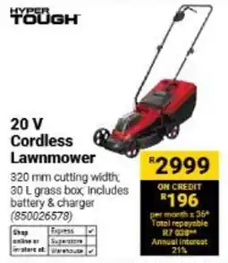 Builders Warehouse HYPER TOUGH 20 V Cordless Lawnmower offer
