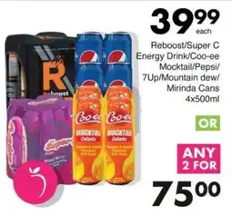 Save Reboost/Super C Energy Drink/Coo-ee Mocktail/Pepsi/7Up/Mountain dew/Mirinda Cans offer