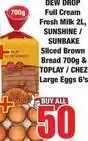 Boxer Full cream fresh milk 2l, sliced brown bread 700g & large eggs 6's offer