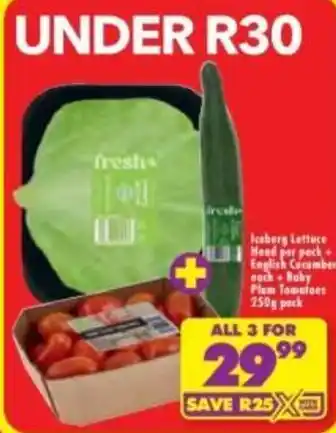 Fresh Iceberg Lettuce + fresh English Cucumber + fresh Baby Plum Tomatoes