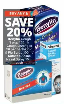MediRite Benylin Cough Syrup/ Cough Lozenges/Cold & Flu Syrup/ Sinutab Saline Nasal Spray offer