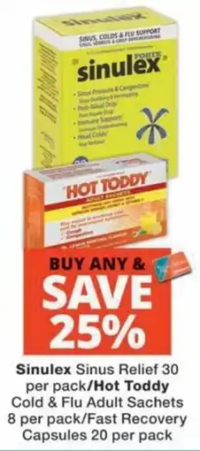 MediRite Sinulex Sinus Relief/ Hot Toddy Cold & Flu Adult Sachets/ Fast Recovery Capsules offer