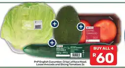 Pick n Pay PnP English Cucumber, Crisp Lettuce Head, Loose Avocado and Slicing Tomatoes 2s offer