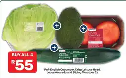 Pick n Pay PnP English Cucumber, Crisp Lettuce Head, Loose Avocado and Slicing Tomatoes 2s offer