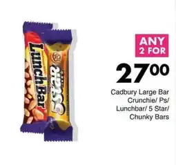 Save Hyper Cadbury Large Bar Crunchie/ Ps/ Lunchbar/ 5 Star/ Chunky Bars offer