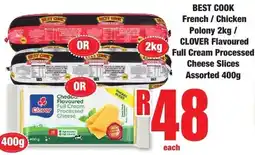 Boxer Superstores BEST COOK French / Chicken Polony / CLOVER Flavoured Full Cream Processed Cheese Slices Assorted offer
