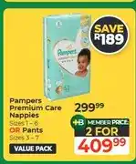 Dis-Chem Pampers Premium Care Nappies Sizes 1-6 OR Pants Sizes 3-7 Value Pack - 2 for offer