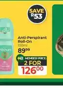 Dis-Chem Mitchum Anti-Perspirant Roll-On 100ml - 2 for offer