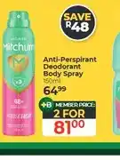 Dis-Chem Mitchum Anti-Perspirant Deodorant Body Spray 150ml - 2 for offer