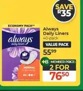 Dis-Chem Always Daily Liners 40-pack - 2 for offer