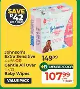 Dis-Chem Johnson's Extra Sensitive 4 x 56 OR Gentle All Over 4 x 72 Baby Wipes offer