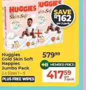 Dis-Chem Huggies Gold Skin Soft Nappies Jumbo Pack 2 x Sizes 1 - 5 offer