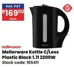 Africa Cash and Carry Mellerware Kettle C/Less Plastic Black offer