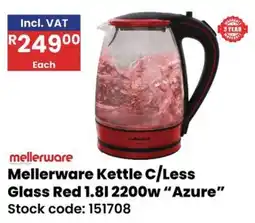 Africa Cash and Carry Mellerware Kettle C/Less Glass Red 1.8l offer