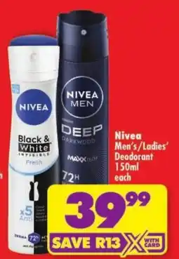 Shoprite Nivea Men's/Ladies' Deodorant offer