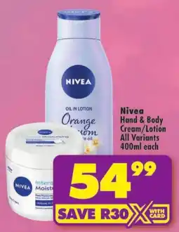 Shoprite Nivea Hand & Body Cream/Lotion offer