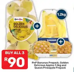 Pick n Pay Hypermarket PnP Bananas Prepack, Golden Delicious Apples 1.5kg and Queen Pineapple Prepack offer