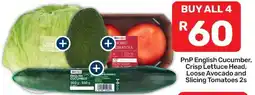 Pick n Pay Hypermarket PnP English Cucumber, Crisp Lettuce Head, Loose Avocado and Slicing Tomatoes offer