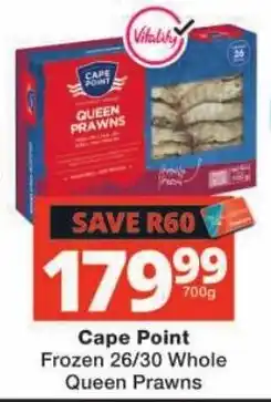 Checkers Cape Point Frozen 26/30 Whole Queen Prawns offer