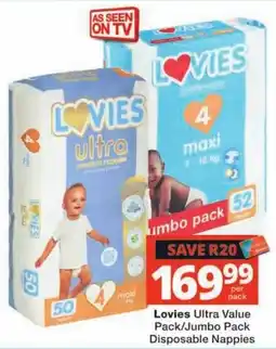 Checkers Lovies Ultra Value Pack/Jumbo Pack Disposable Nappies offer