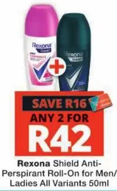 Checkers Rexona Shield Anti-Perspirant Roll-On for Men/Ladies All Variants 50ml offer