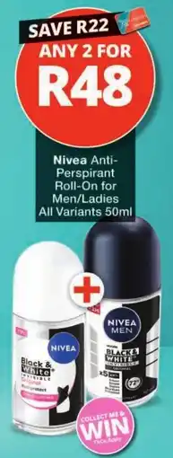 Checkers Nivea Anti-Perspirant Roll-On for Men/Ladies offer