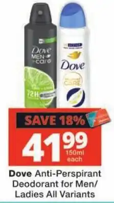 Checkers Dove Anti-Perspirant Deodorant for Men/Ladies All Variants offer