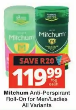 Checkers Mitchum Anti-Perspirant Roll-On for Men/Ladies offer