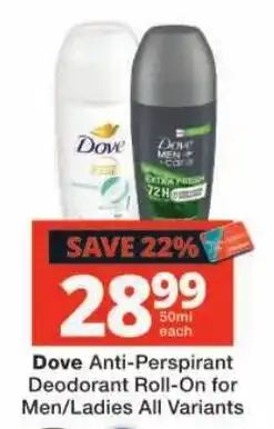 Checkers Dove Anti-Perspirant Deodorant Roll-On for Men/Ladies All Variants offer