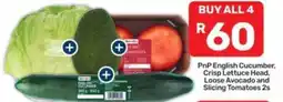 Pick n Pay PnP English Cucumber, Crisp Lettuce Head, Loose Avocado and Slicing Tomatoes offer