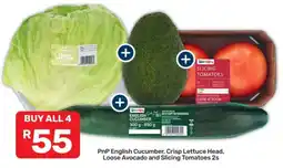 Pick n Pay PnP English Cucumber, Crisp Lettuce Head, Loose Avocado and Slicing Tomatoes 2s offer
