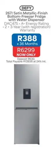 OK Furniture DEFY 267l Satin Metallic-Finish Bottom-Freezer Fridge with Water Dispenser offer