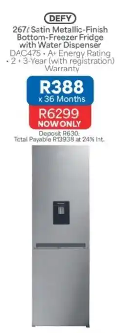 DEFY 267l Satin Metallic-Finish Bottom-Freezer Fridge with Water Dispenser