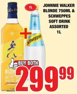 Boxer Liquors JOHNNIE WALKER BLONDE & SCHWEPPES SOFT DRINK ASSORTED offer
