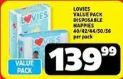 Usave Lovies - value pack disposable nappies 40/42/44/50/56 per pack offer