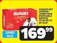 Usave Huggies - dry comfort jumbo pack disposable napples 52/56/60/74 offer