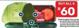 Pick n Pay English cucumber, crisp lettuce head, loose avocado and slicing tomatoes offer