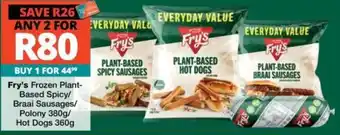 Fry's Frozen Plant-Based Spicy/Braai Sausages/Polony Hot Dogs
