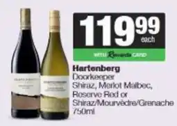 Spar Hartenberg Doorkeeper Shiraz, Merlot Malbec, Reserve Red or Shiraz/Mourvèdre/Grenache offer