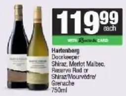 Spar Hartenberg Dockeeper Shiraz, Merlot Malbec, Reserve Red or Shiraz/Mourvèdre/ Grenache offer