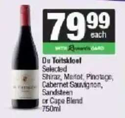 Spar Du Toitskloof Selected Shiraz, Merlot, Pinotage, Cabernet Sauvignon, Sandsteen or Cape Blend offer
