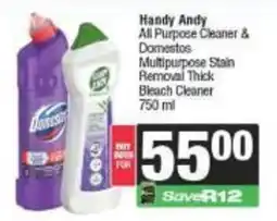 Spar Handy Andy All Purpose Cleaner & Domestos Multipurpose Stain Removal Thick Bleach Cleaner offer