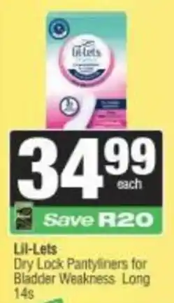 Spar Lil-Lets Dry Lock Pantyliners for Bladder Weakness Long offer