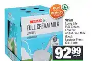 Spar SPAR Long Life Full Cream, Low Fat or Fat Free Milk 6 x 1 litre offer