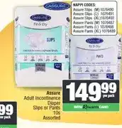 Spar Assure Adult Incontinence Diaper Slips or Pants 10s Assorted offer
