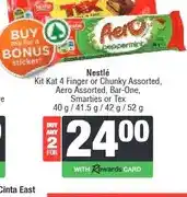 Spar Nestlé Kit Kat 4 Finger or Chunky, Aero, Bar-One, Smarties or Tex 40 g / 41.5 g / 42 g / 52 g offer