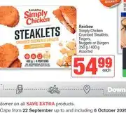 Spar Rainbow Simply Chicken Crumbed Steaklets, Fingers, Nuggets or Burgers 350 g / 400 g offer