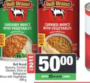 Spar Bull Brand Savoury, Curried, Chicken, Chilli or Bolognaise Mince with Vegetables 400 g-Buy 2 for offer